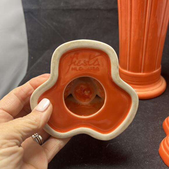 Vintage Homer Laughlin Red Fiesta Persimmons Pair Candle Holders - Picture 4 of 11